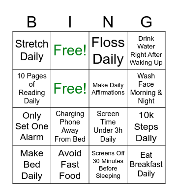 Healthy Habits Bingo Card