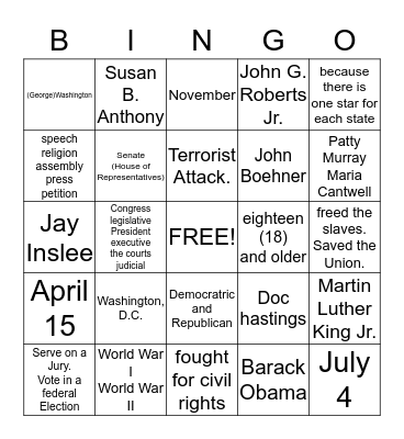 Citizenship Bingo Card