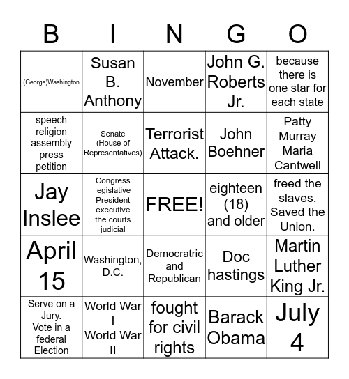 Citizenship Bingo Card