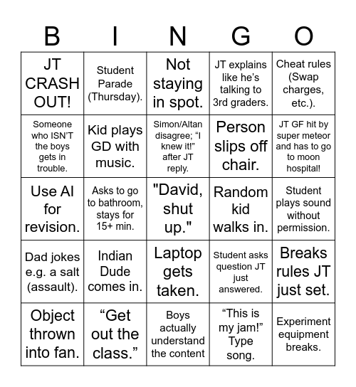 JT Bingo! Bingo Card