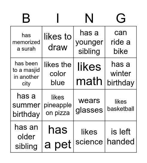 Self-introduction Bingo Card