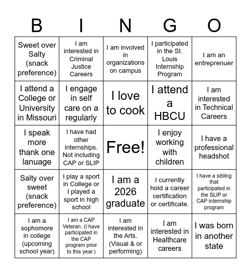 CAP- Get to know you BINGO Card