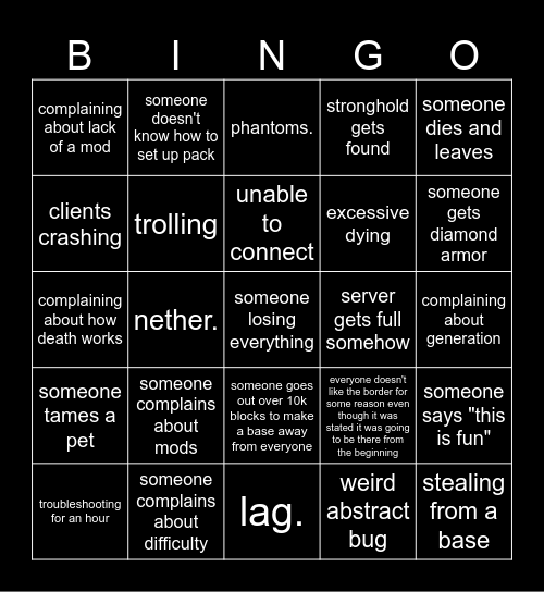 scratch mc server "first day" bingo card Bingo Card