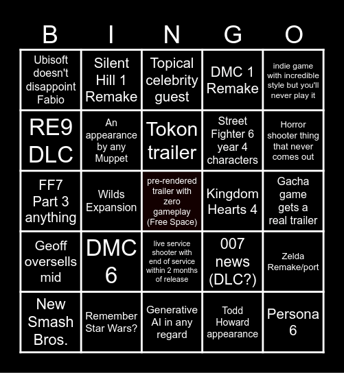 Not-E3 Bingo Card