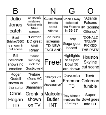 Super Bowl 51 Bingo Card