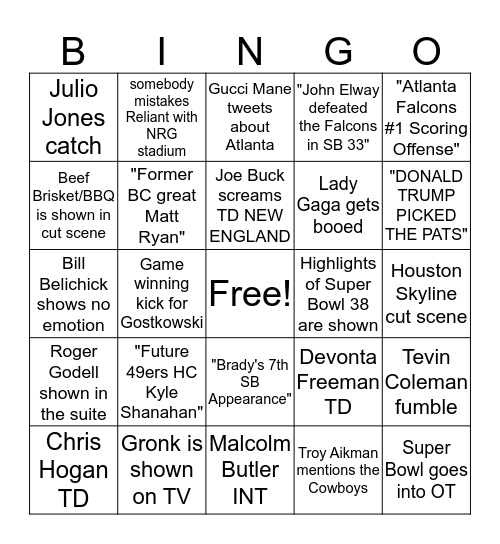 Super Bowl 51 Bingo Card