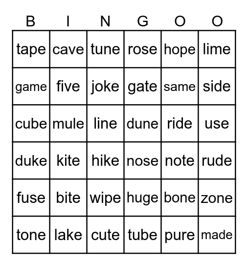 MIXED LONG VOWEL SOUNDS Bingo Card