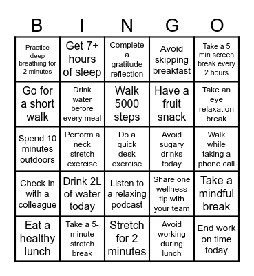 Wellness XP Challenge Bingo Card