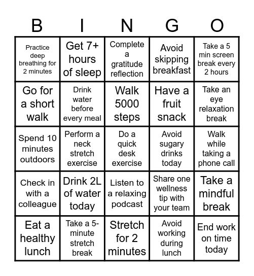 Wellness XP Challenge Bingo Card