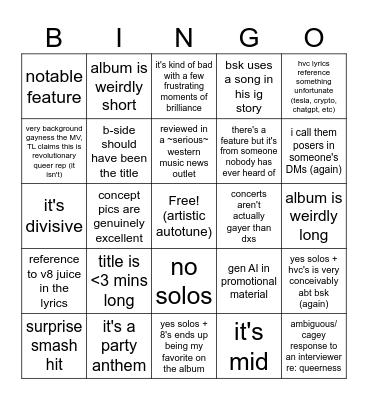 v8 comeback Bingo Card