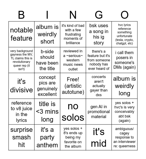 v8 comeback Bingo Card