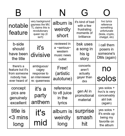 v8 comeback Bingo Card
