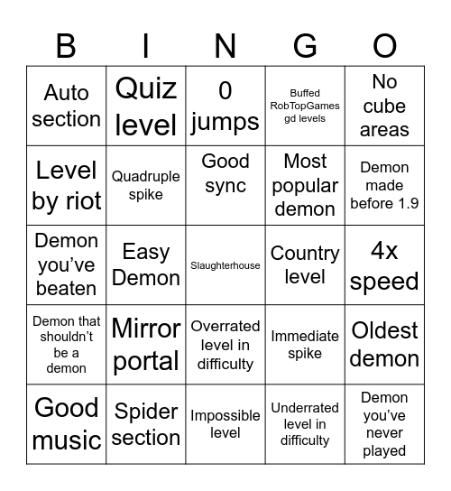 Demon level bingo Card