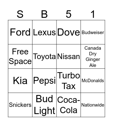 Superbowl 51 Ad Bingo Card