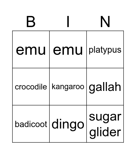 australian animals Bingo Card