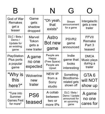 Sony State of Play - June 2026 Bingo Card