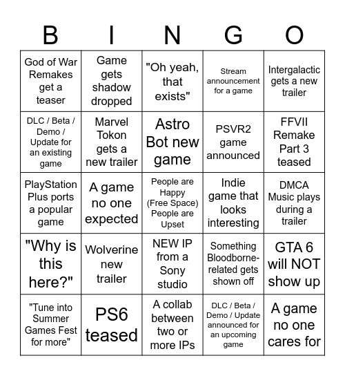 Sony State of Play - June 2026 Bingo Card