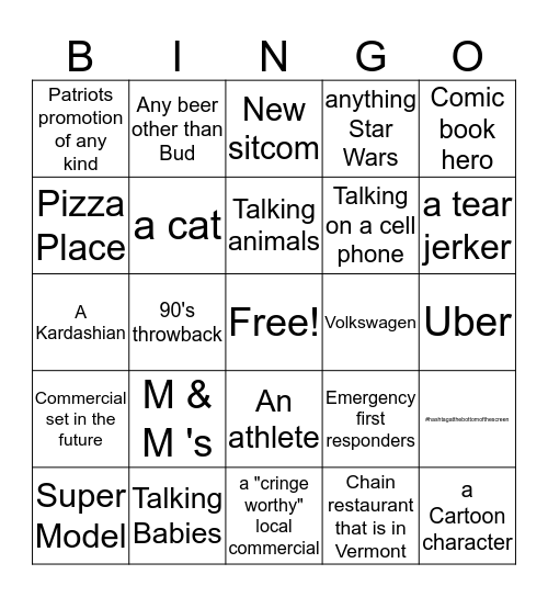 Superbowl Commercial Bingo Card