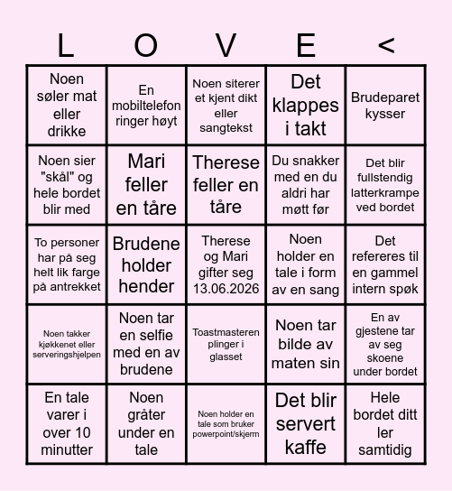 Mari og Therese´s bryllupsbingo Card