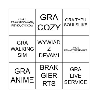 BINGO DLA WSZYSTKICH POKAZÓW GIER 2026 Bingo Card