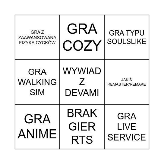 BINGO DLA WSZYSTKICH POKAZÓW GIER 2026 Bingo Card