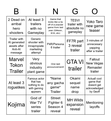 Summer Game fest 2026 Bingo Card