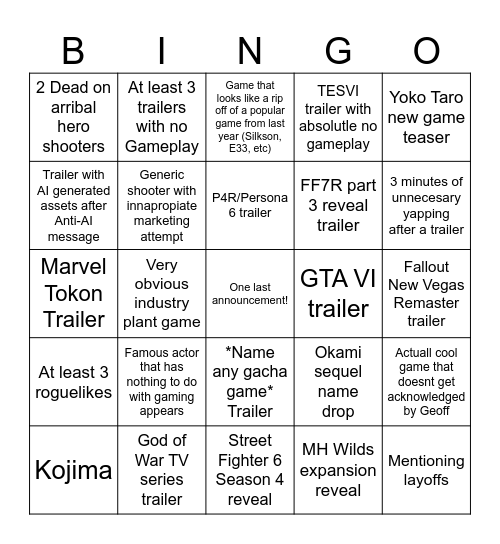 Summer Game fest 2026 Bingo Card