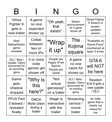 Summer Game Fest 2026 Bingo Card