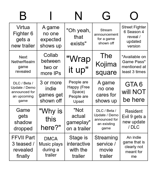 Summer Game Fest 2026 Bingo Card