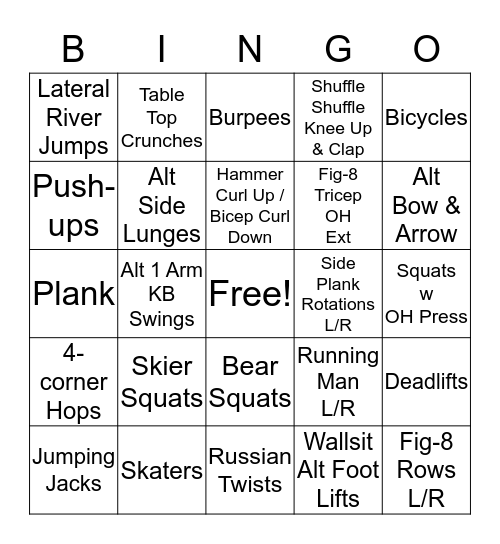 Fitness Bingo Card