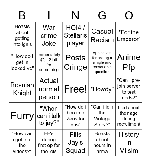 Ignis Recruitment Drive Bingo Card