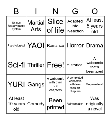 Webcomic Bingo Card