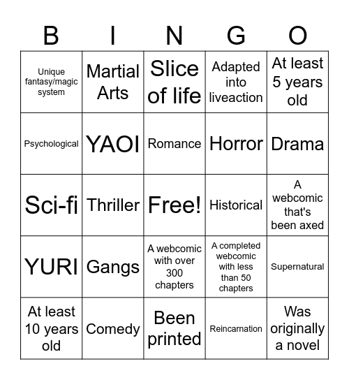 Webcomic Bingo Card