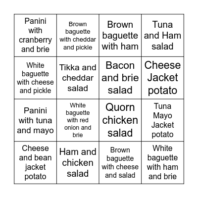 College Cusine Bingo Card