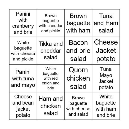 College Cusine Bingo Card