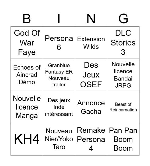 State of Play Bingo Card