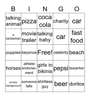 Super Bowl Commercial Bingo Card