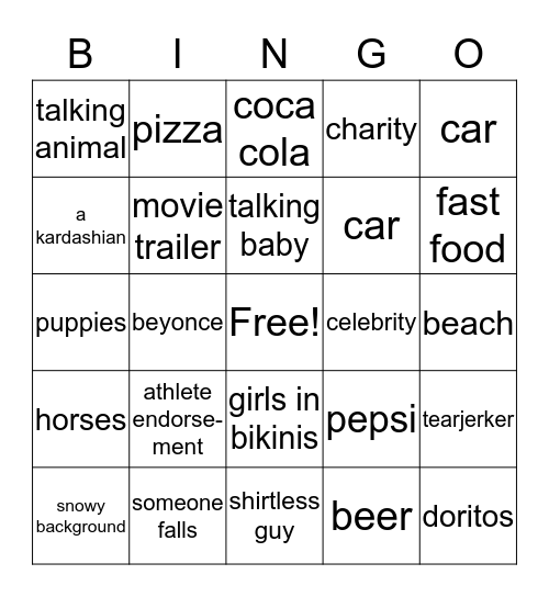 Super Bowl Commercial Bingo Card