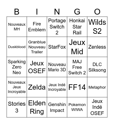 Nintendo Direct Bingo Card