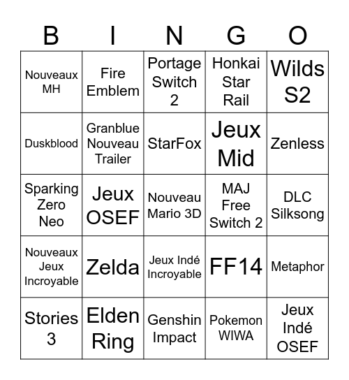 Nintendo Direct Bingo Card