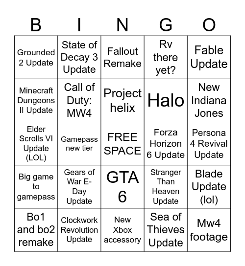 Xbox Games Showcase 2026 Bingo Card