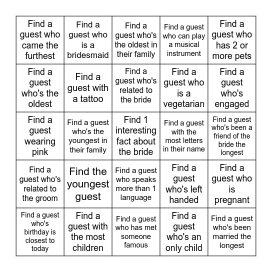FIND THE GUEST BRIDAL BINGO Card