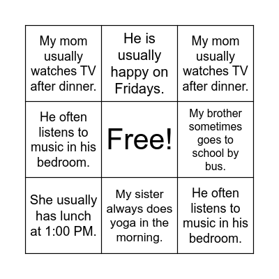 Adverbs of frequency bingo Card