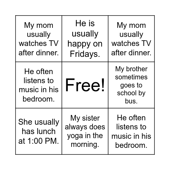 Adverbs of frequency bingo Card