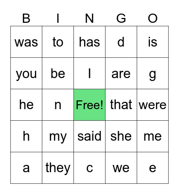 Sight words Bingo Card