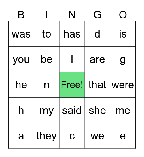 Sight words Bingo Card