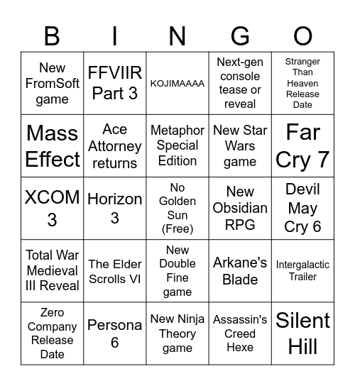 Not-E3 2026 BINGA Bingo Card
