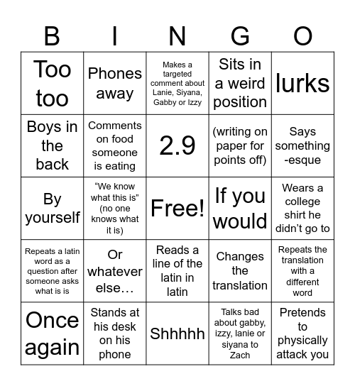 Witteism Bingo Card
