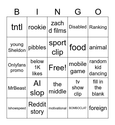 YT shorts bingo Card