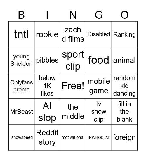YT shorts bingo Card